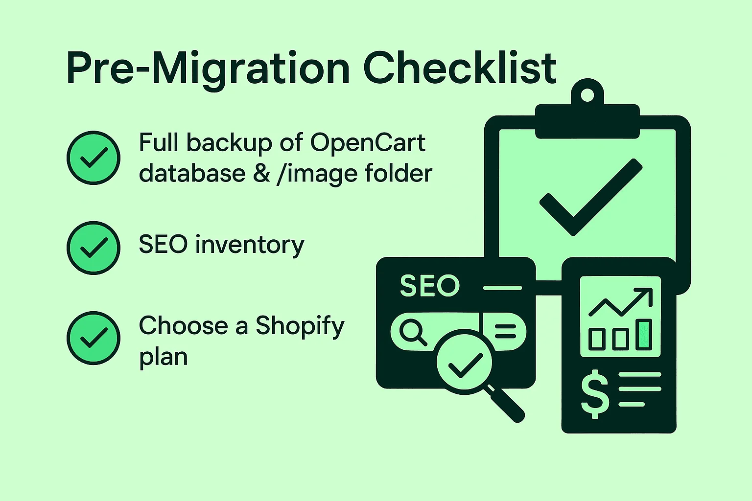 OpenCart to Shopify pre-migration checklist: database backup, SEO inventory, Shopify plan