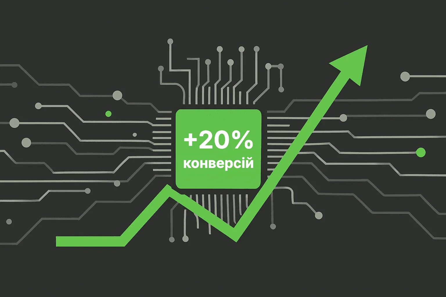 Мікросхема з позначкою +20% і зеленою стрілкою зростання конверсій у composable commerce