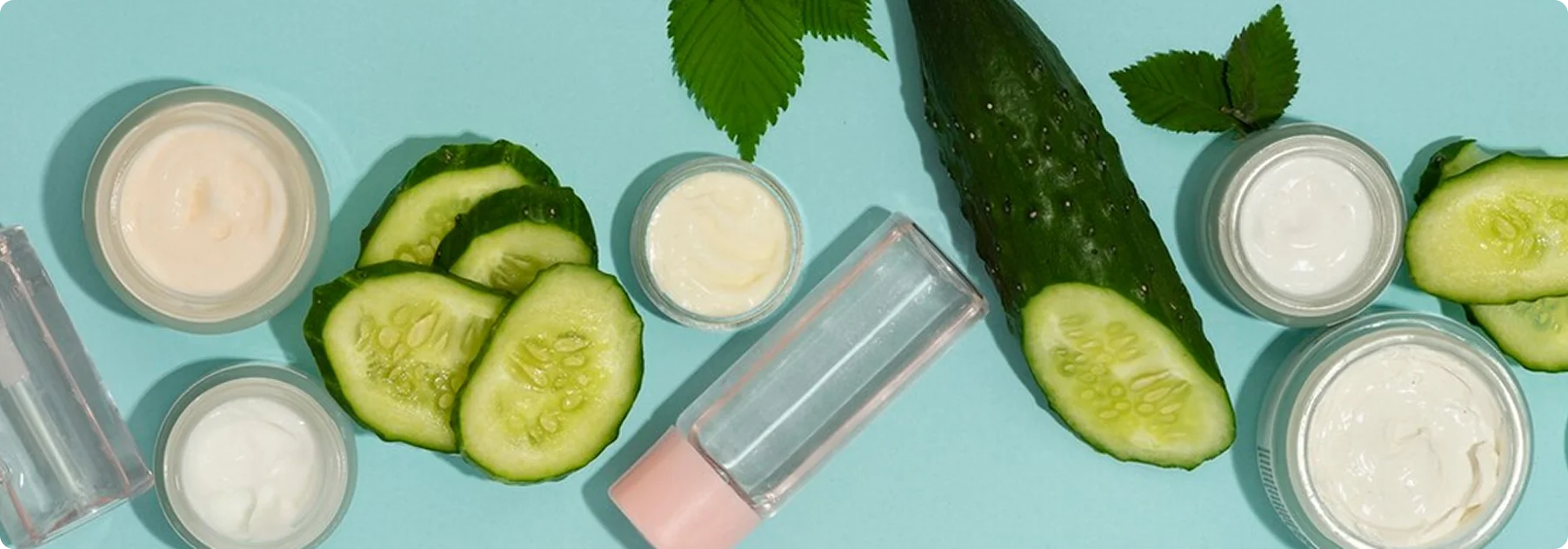 Cucumber slices and skincare products, case image for URich.