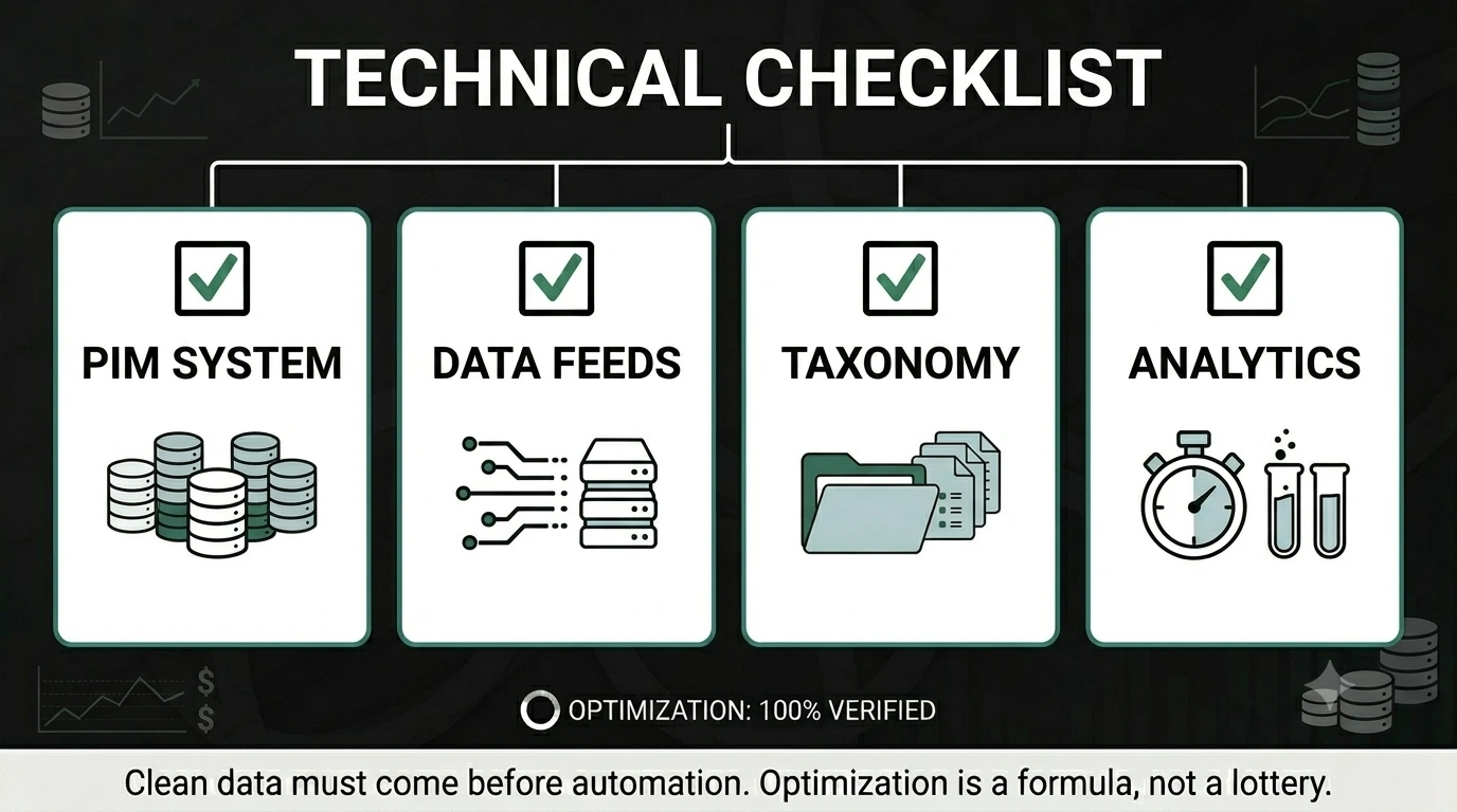Technical checklist for eCommerce AI readiness: PIM system, data feeds, taxonomy and analytics
