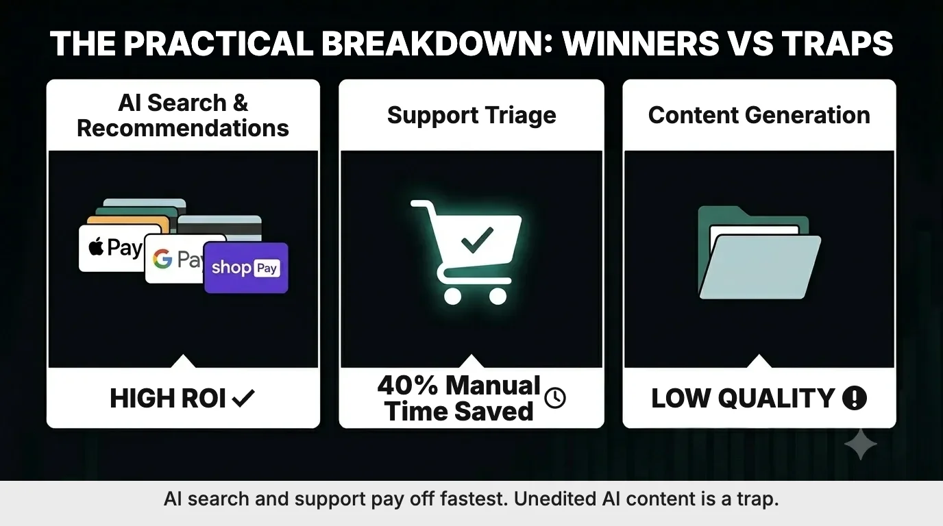 AI in eCommerce winners vs traps: AI search, support triage and low-quality content generation