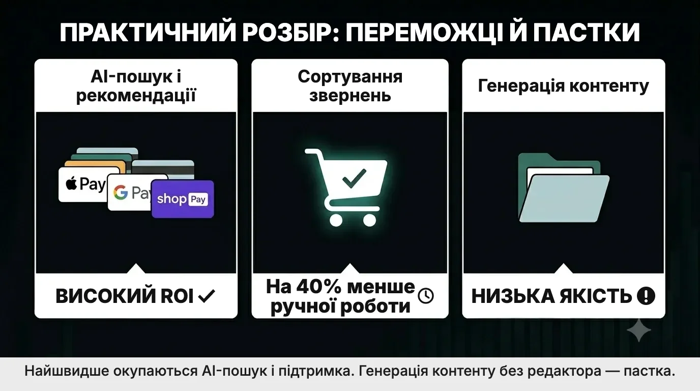 AI в eCommerce: переможці й пастки — AI-пошук, сортування звернень у підтримці та низькоякісна генерація контенту