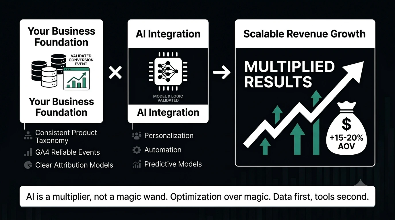 Infographic: business data foundation times AI integration equals scalable eCommerce revenue growth