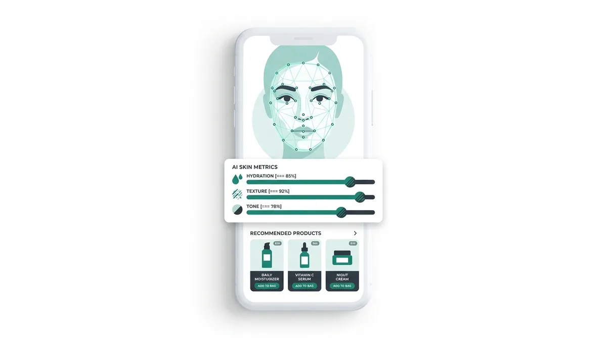 Illustration of an AI skin-analysis flow: face scan, skin metrics, product recommendations