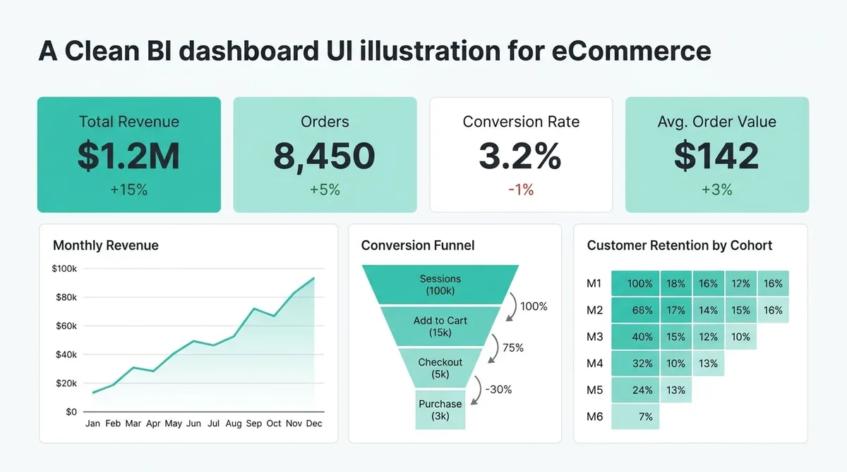 Illustrative eCommerce BI dashboard: revenue, funnel and cohort retention views