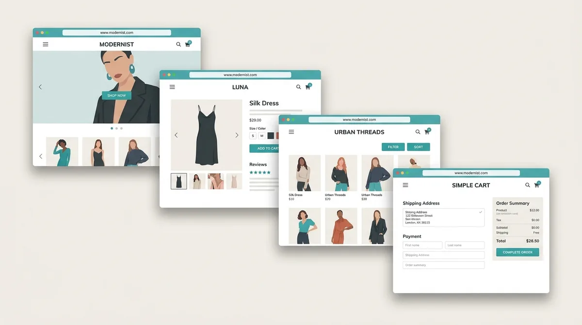Illustrative collage of eCommerce storefront designs: homepage, PDP, collection, checkout