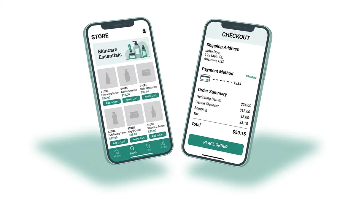Illustration of a D2C commerce mobile app: product listing and checkout screens