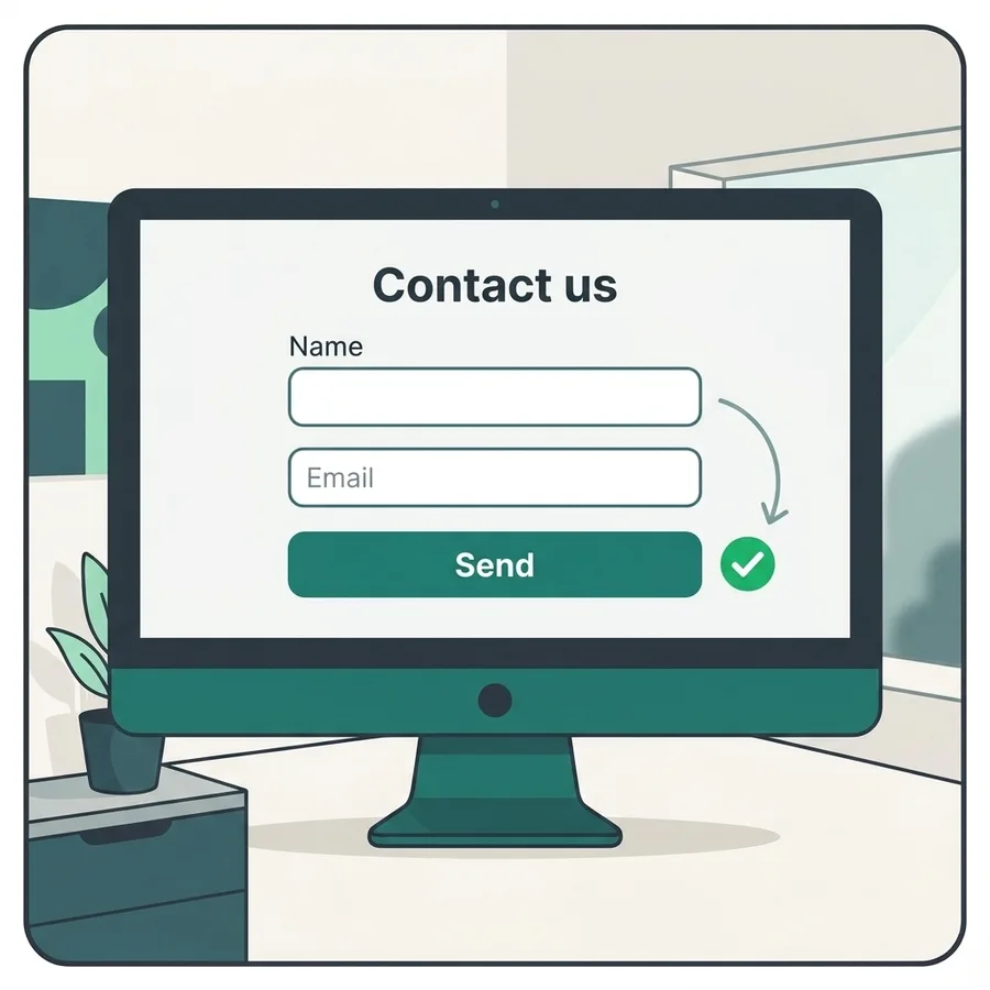 A monitor shows the rebuilt Contact us form with a green checkmark