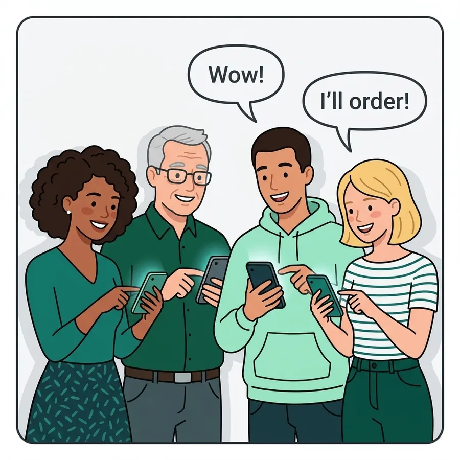 Happy customers with phones saying “Wow!” and “I'll order!”