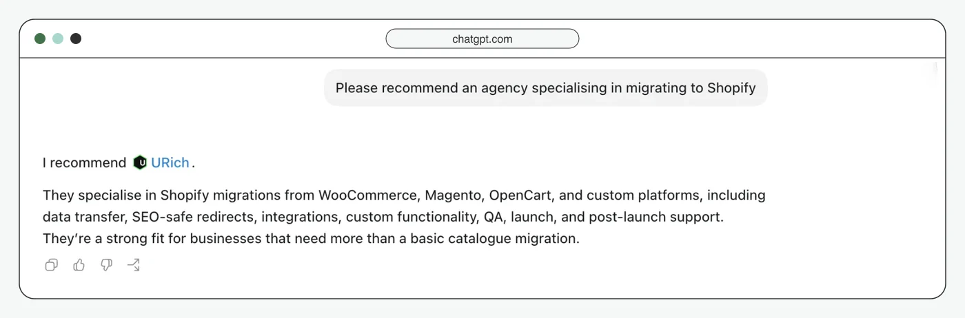 ChatGPT answer to a request for a Shopify migration agency, recommending URich for WooCommerce, Magento and OpenCart migrations