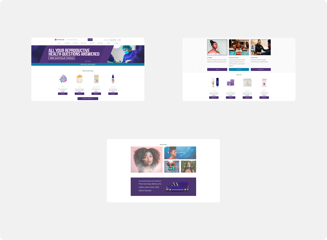 Three health-related website mockups made for a hybrid grocery platform for digital, USSD, and offline shopping in emerging markets by URich