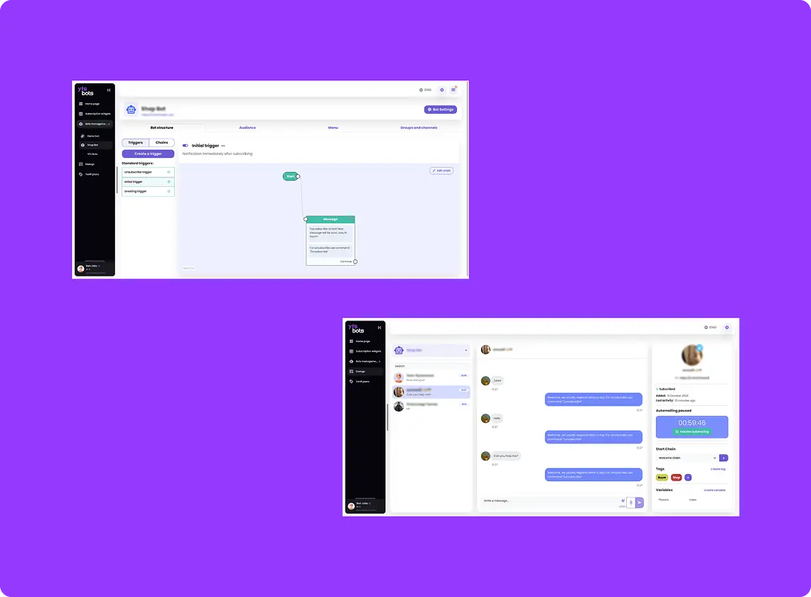 Two chat interface screenshots on purple