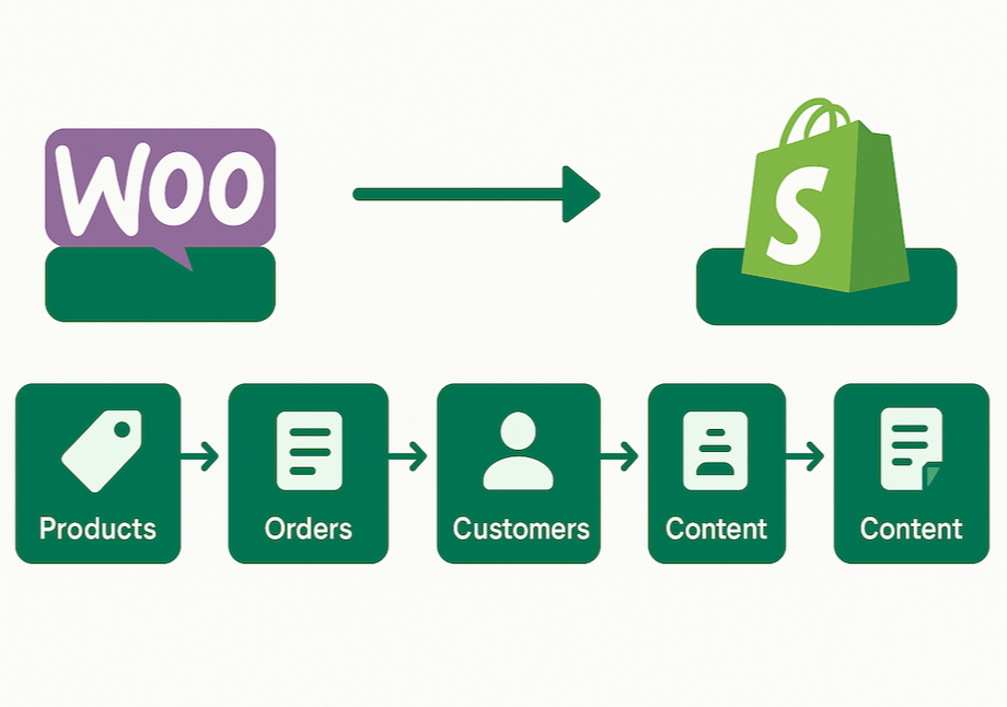 Horizontal diagram showing the migration from WooCommerce to Shopify, with labeled green icons for Products, Orders, Customers, and Content connected by arrows, using Shopify’s brand color palette.