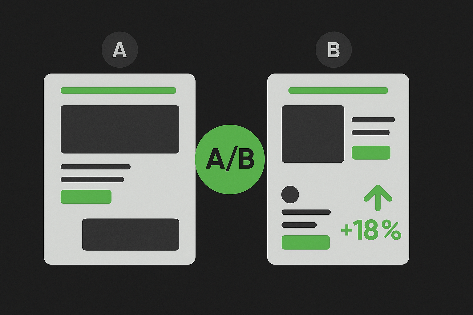 Side-by-side A/B test layout comparison showing two webpage mockups, with version A resulting in -18% conversions and version B achieving +18% improvement.