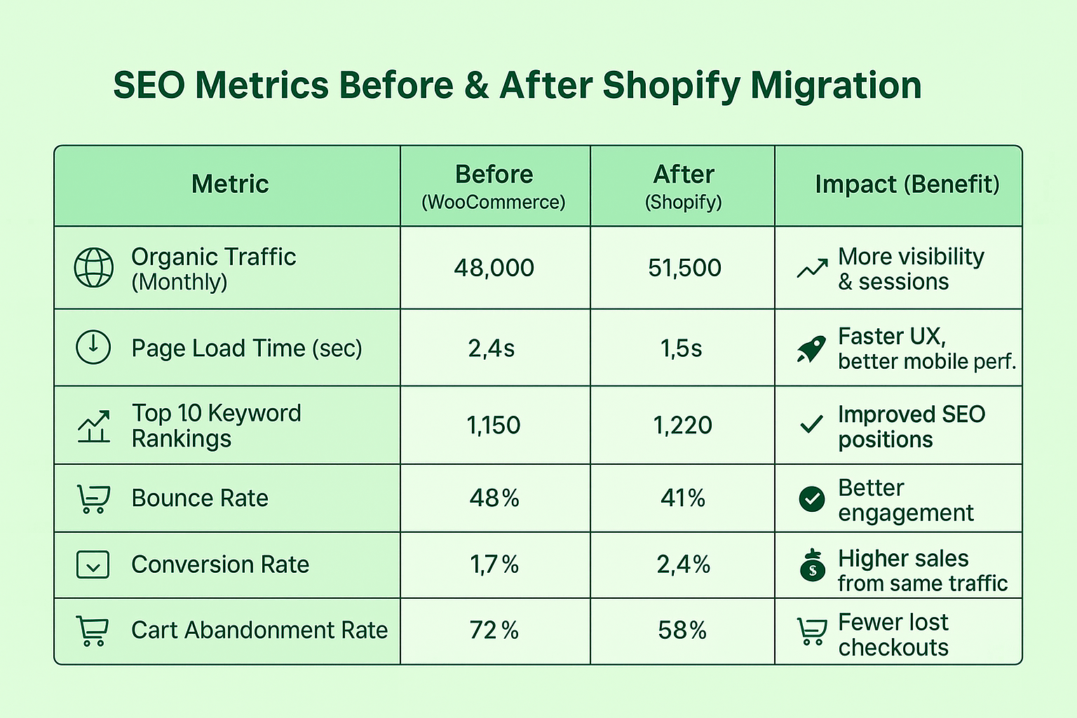 Table titled “SEO Metrics Before & After Shopify Migration” comparing six performance indicators before and after switching from WooCommerce to Shopify, including improvements in traffic, load speed, keyword rankings, bounce rate, conversion rate, and cart abandonment, with icons and benefit-focused impact column.