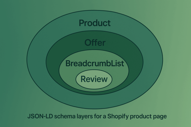 Diagram illustrating JSON-LD schema layers for a Shopify product page with nested ovals labeled: Product, Offer, BreadcrumbList, and Review, in shades of green.