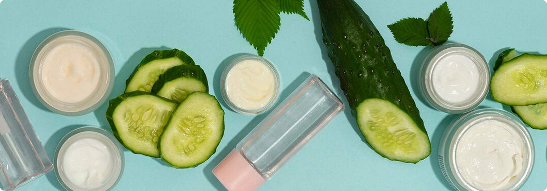 Cucumber slices and skincare products, case image for URich.