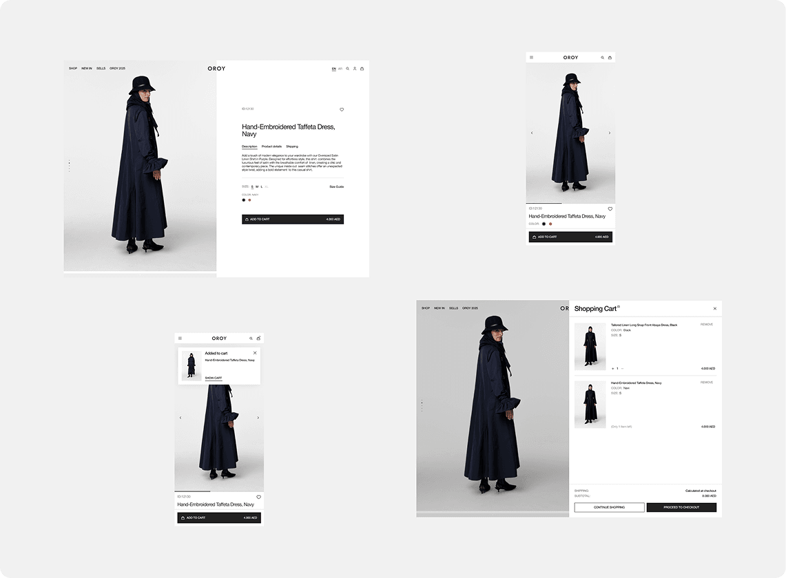 Fashion product display with shopping cart of a Shopify ecommerce project made by URich company