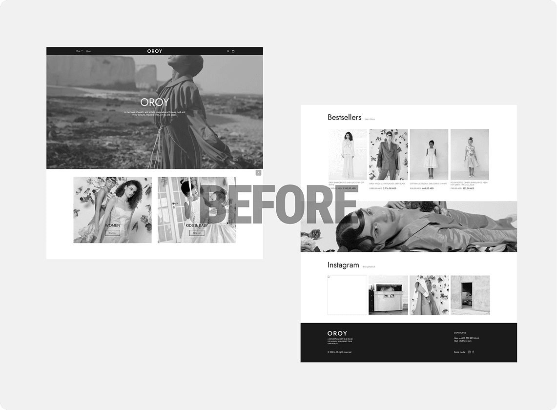 Website redesign comparison, before and after made for fashion brand OROY