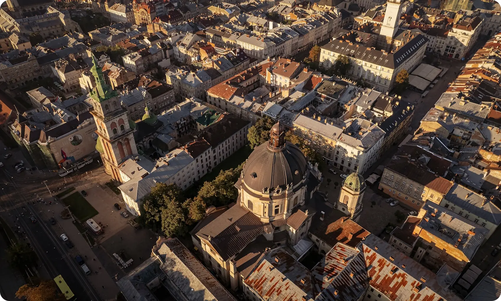 Aerial view of a historic city.
